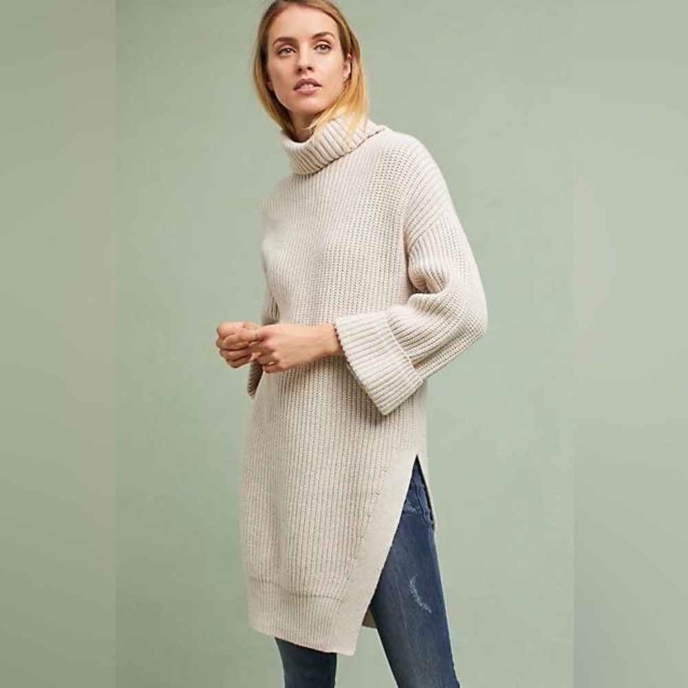 Anthropologie Cable Knit Ribbed Turtleneck Wool Blend Sweater Dress - Picture 2 of 9